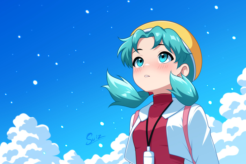 1girl, aqua_eyes, aqua_hair, artist_name, blue_sky, blush, clouds, commentary
