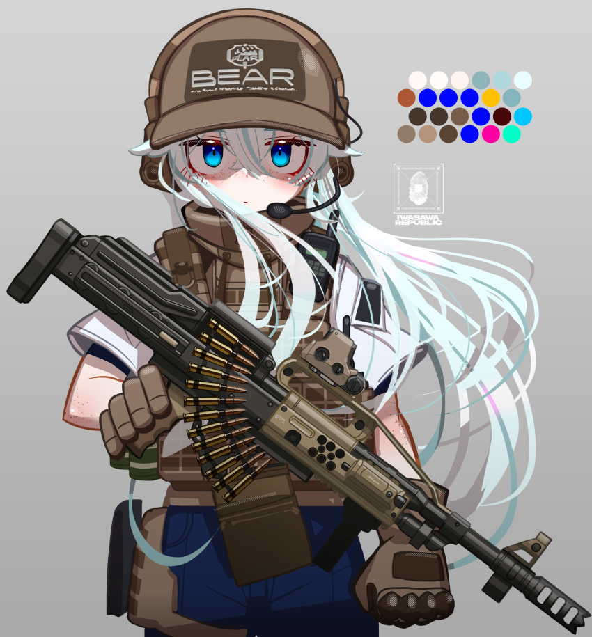 1girl, absurdres, baseball_cap, blue_hair, blue_pants, brown_gloves, brown_hat, bullet