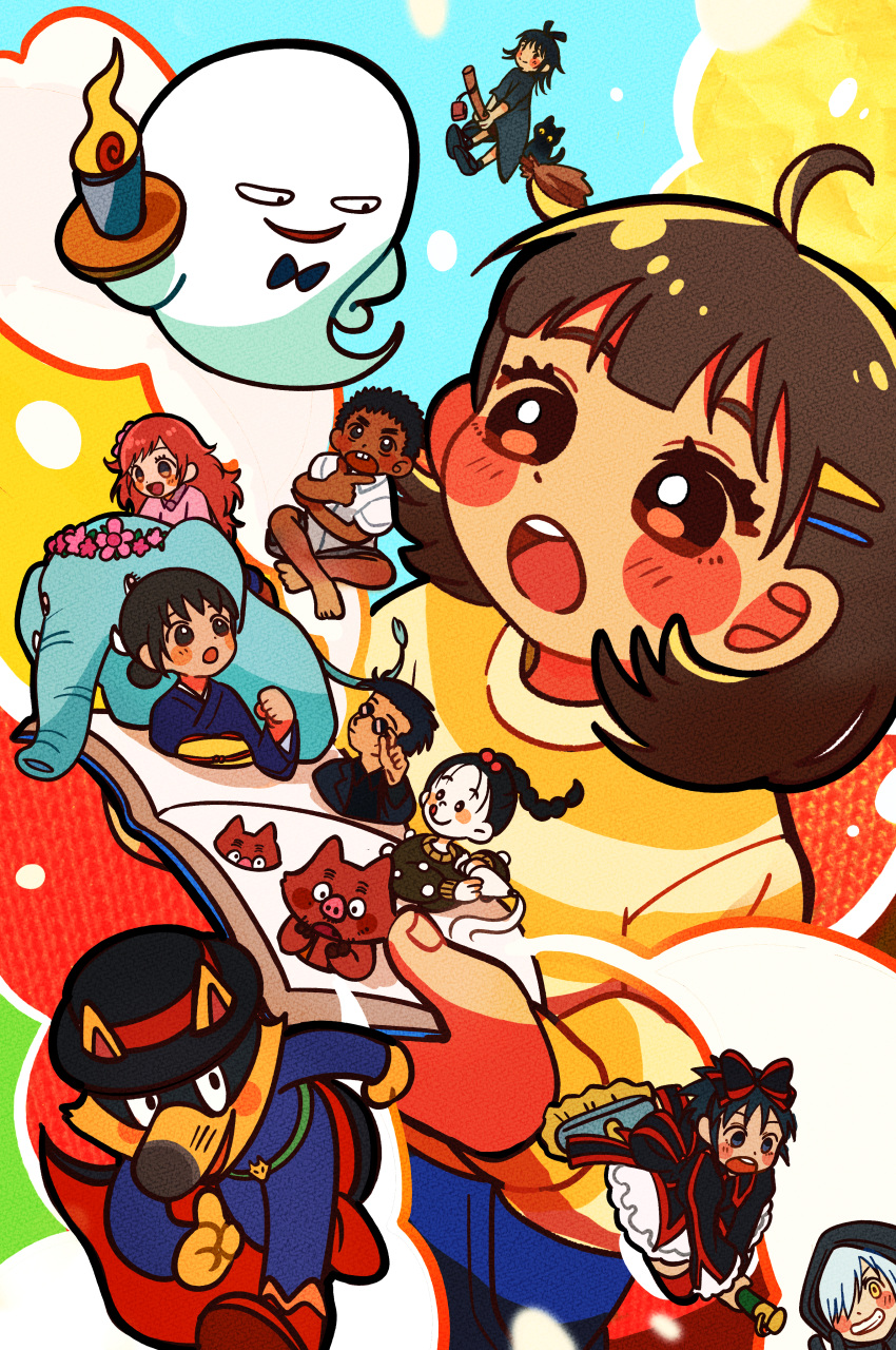 3boys, 6+girls, absurdres, animal, black_bow, black_dress, blue_kimono, boar