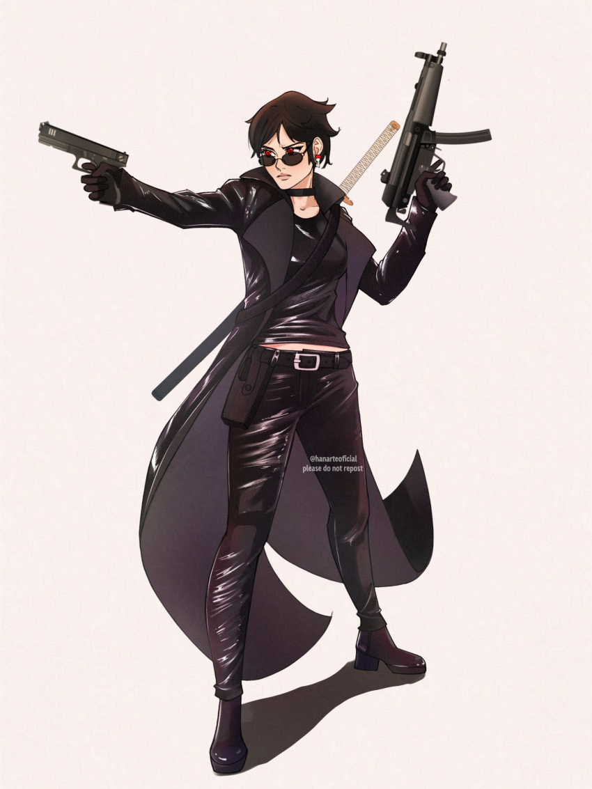 1girl, absurdres, aiming, belt, black_hair, black_pants, boruto:_two_blue_vortex, breasts