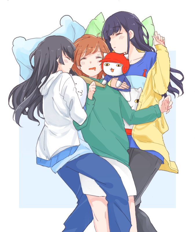 3girls, aijou_karen, animal-shaped_pillow, animal_print, baseball_bat, baseball_helmet, black_hair, black_pants