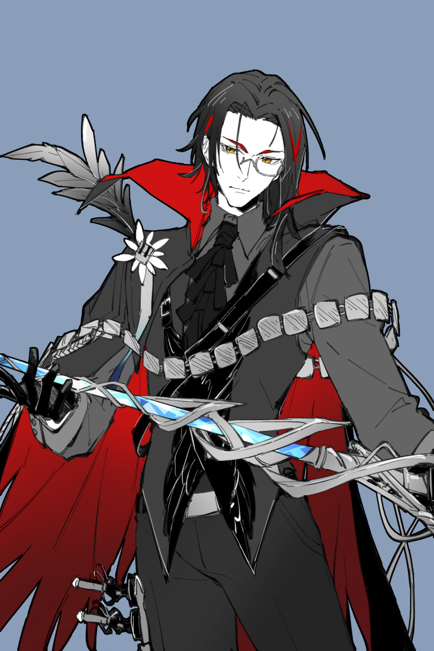 1boy, arknights, ascot, blue_background, cape, chinese_commentary, closed_mouth, collared_shirt