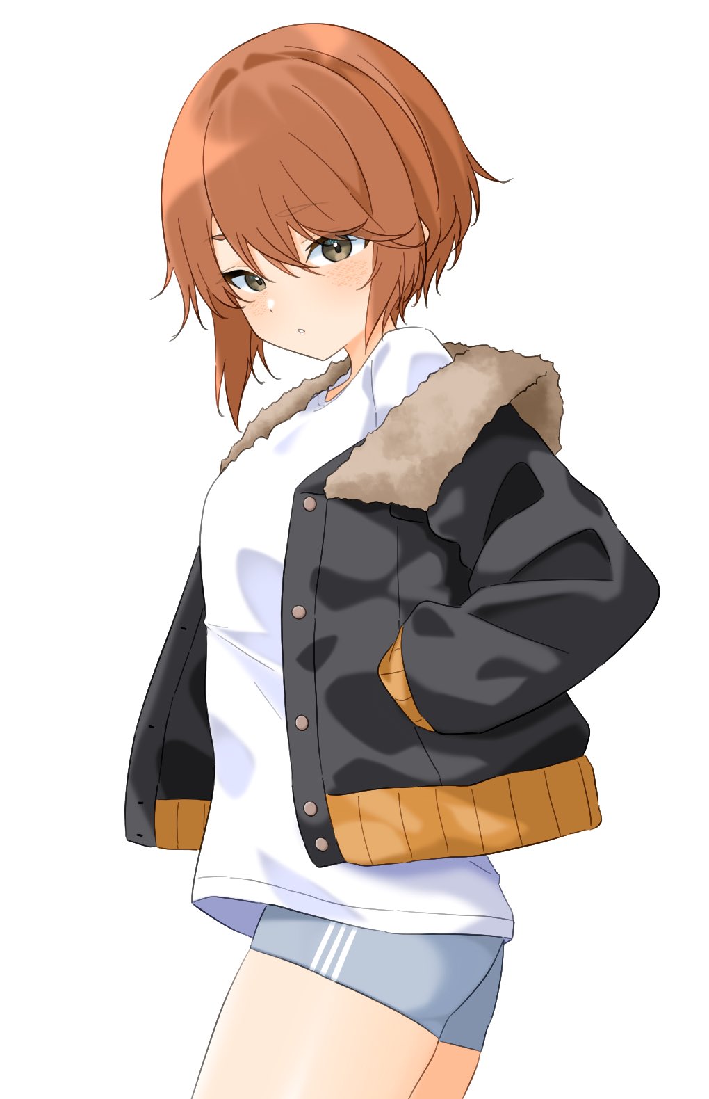 1girl, :o, black_jacket, blue_shorts, brown_eyes, brown_hair, commentary, feet_out_of_frame