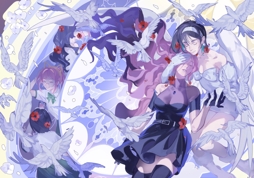 2girls, alien_stage, bare_shoulders, bird, black_dress, black_gloves, black_hair, black_thighhighs