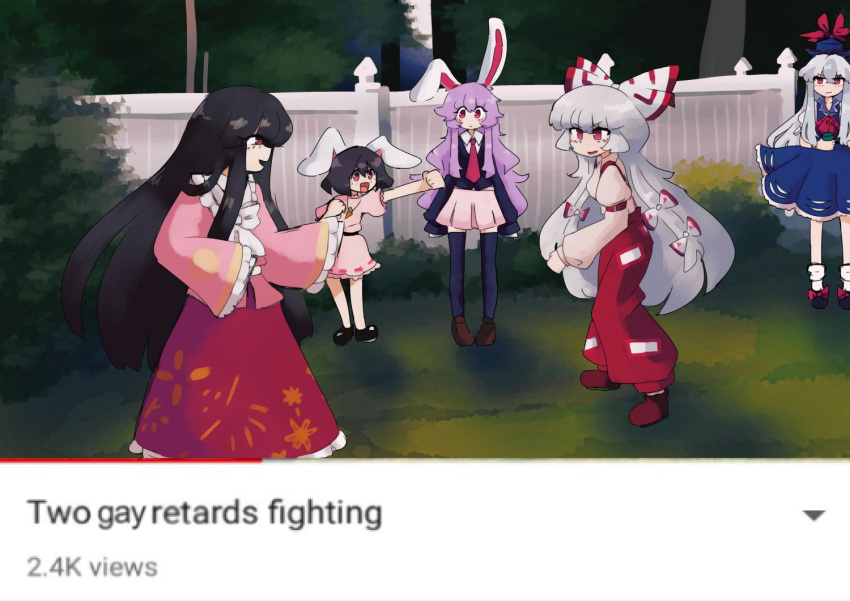 5girls, animal_ears, black_hair, bow, commentary, dress, english_commentary, english_text