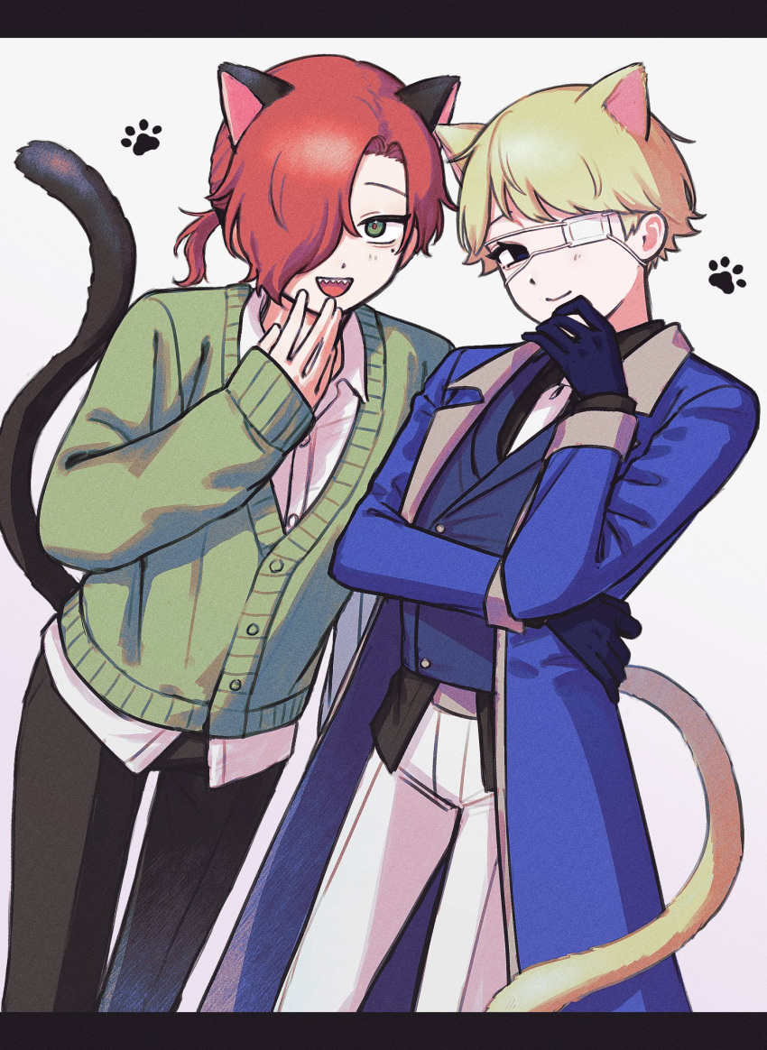 2boys, :d, animal_ears, black_eyes, black_pants, blue_coat, blue_vest, cat_ears, cat_tail, coat, collared_shirt, commentary_request, cowboy_shot, dress_shirt, eyepatch, green_eyes, griffin_stewart, hand_on_own_opposite_hip, hand_up, highres, looking_at_viewer, low_ponytail, mole, mole_under_eye, mouenante, multiple_boys, oshi_no_taisetsuna_hito_ni_narikawaru, pants, ponytail, red_hair, sharp_teeth, shirt, simple_background, smile, tail, teeth, tonimura_yui, untucked_shirt, vest, white_background, white_pants, white_shirt