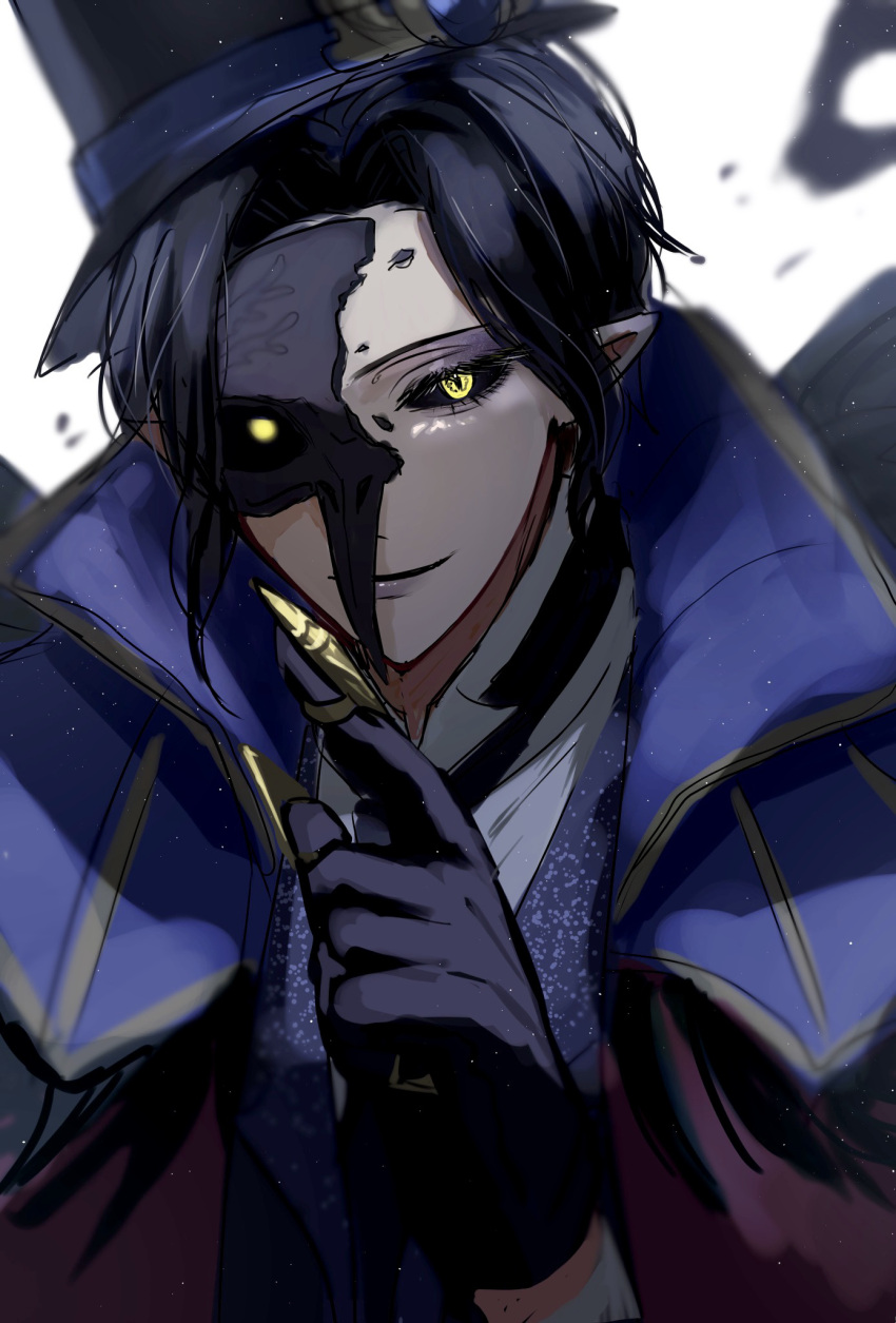 1boy, black_gloves, black_hair, black_sclera, broken_mask, claw_ring, colored_sclera, commentary_request