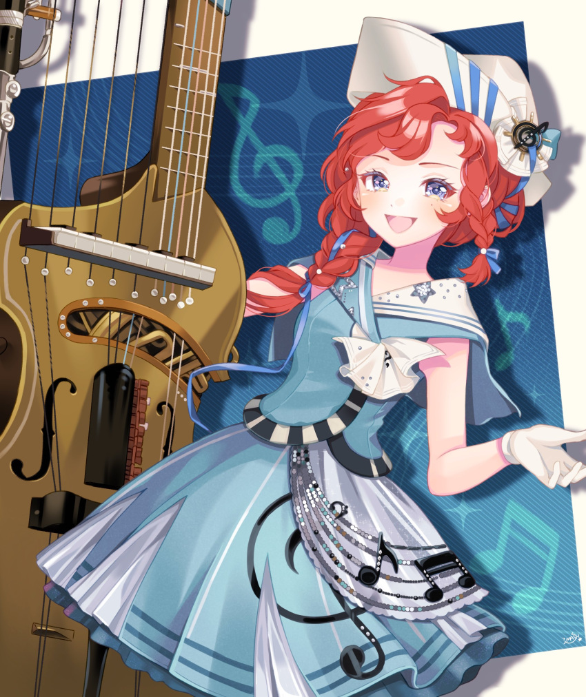 1girl, :d, absurdres, barcarola_(reverse:1999), beamed_sixteenth_notes, blue_background, blue_eyes, blue_shirt