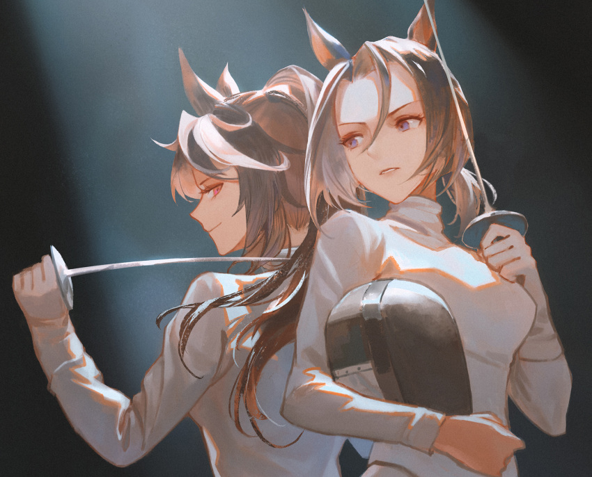 2girls, air_groove_(umamusume), animal_ears, back-to-back, blue_eyes, breasts, brown_hair, closed_mouth