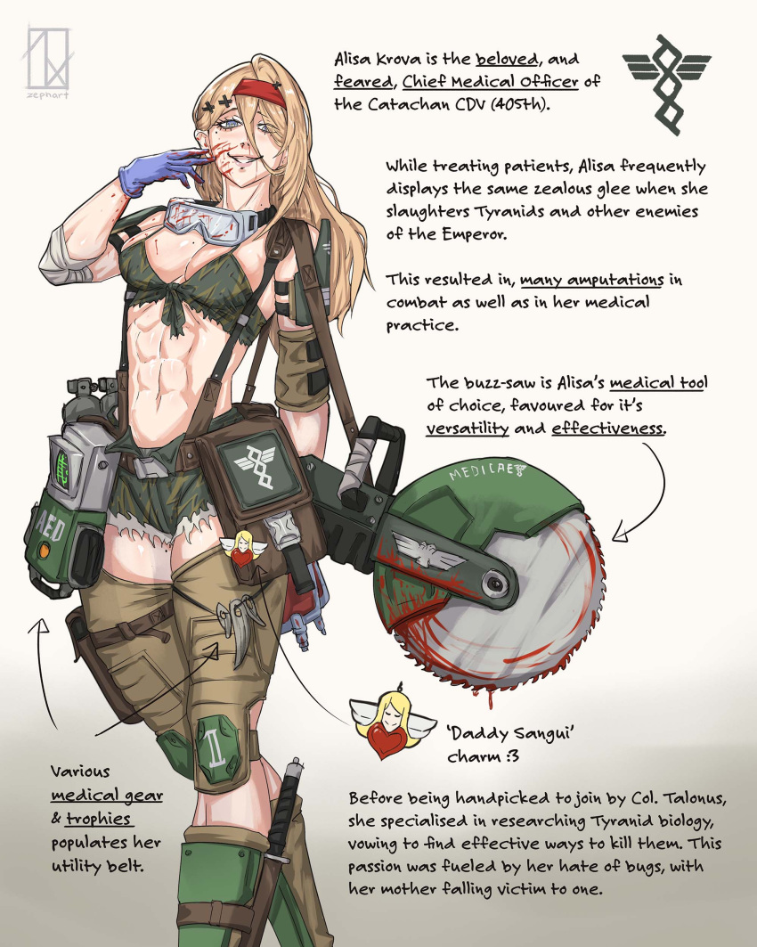 1girl, abs, absurdres, alisa_krova, armor, artist_logo, artist_name, astra_militarum, bag, belt, bikini, blonde_hair, blood, blood_drip, blood_on_face, blood_on_weapon, breasts, camouflage, camouflage_bikini, catachan_jungle_fighter, chainsaw, combat_knife, commentary, defibrillator, english_commentary, english_text, fangs, goggles, goggles_around_neck, grey_eyes, headband, highres, imperial_aquila, knife, logo, long_hair, medical_gloves, medium_breasts, muscular, muscular_female, original, oxygen_tank, red_headband, sanguinius, smile, strap, swimsuit, utility_belt, warhammer_40k, weapon, zephart