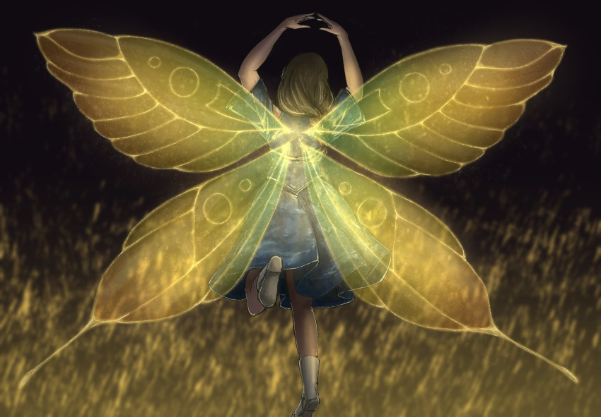 1girl, animification, arms_up, blue_dress, blurry, blurry_background, boots, braid