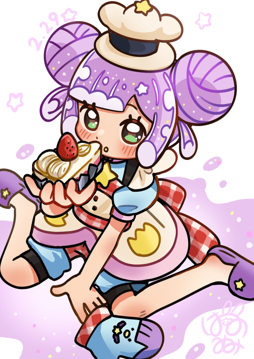 1girl, apron, blush, cake, cake_slice, chef_hat, commentary_request, double_bun