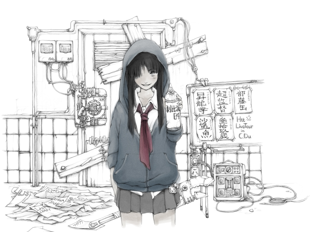 akiyama_mio, ash_the_great, black_hair, door, grin, hair_over_one_eye, hoodie, k-on!
