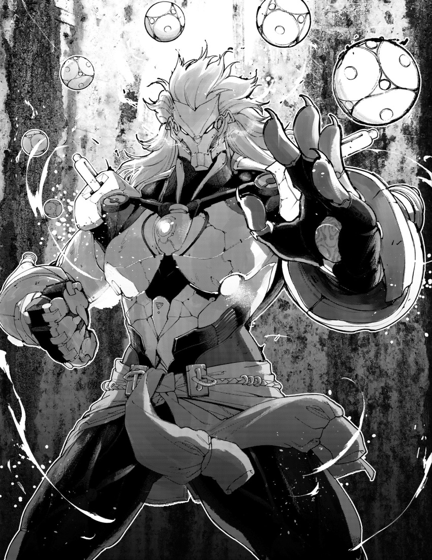 1boy, banyue_(zenless_zone_zero), claws, clenched_hand, clothed_robot, clothes_around_waist, commentary_request, cowboy_shot