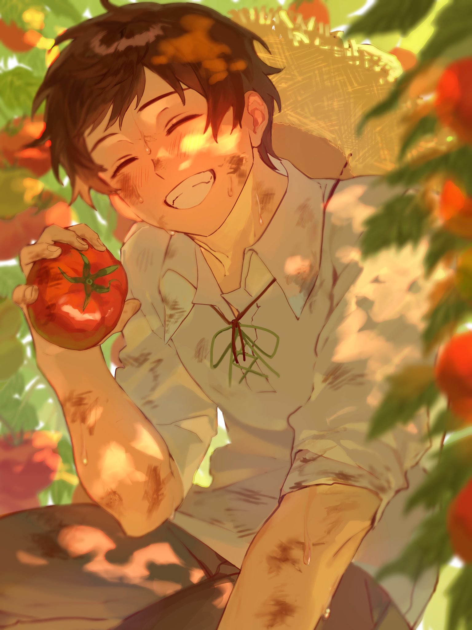 1boy, axis_powers_hetalia, brown_hair, closed_eyes, dappled_sunlight, day, dirty, dirty_clothes