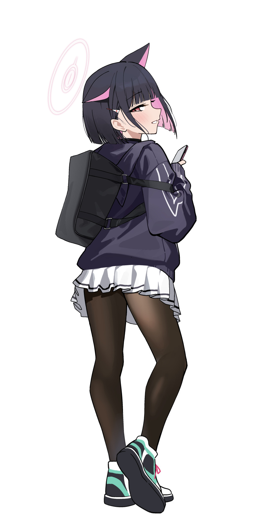 1girl, absurdres, animal_ears, black_bag, black_hair, black_hoodie, black_pantyhose, blue_archive