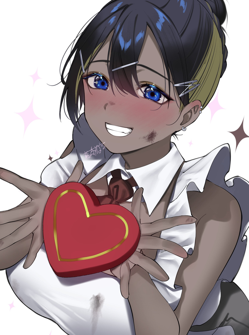 1girl, absurdres, apron, black_hair, blue_eyes, blush, box, box_of_chocolates, breasts, commentary, dark-skinned_female, dark_skin, detached_collar, frilled_apron, frills, fujisaki_subaru, gift, goddess_of_victory:_nikke, grin, heart-shaped_box, highres, holding, holding_gift, large_breasts, looking_at_viewer, multicolored_hair, necktie, noise_(nikke), presenting, smile, two-tone_hair, valentine