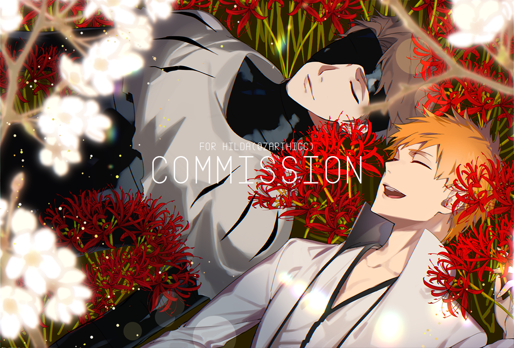 2boys, aizen_sousuke, aizen_sousuke_(cosplay), bleach, bleach:_sennen_kessen-hen, brown_hair, coat, commission, commissioner_name, cosplay, enpissi, eyepatch, flower, kurosaki_ichigo, lying, male_focus, multiple_boys, on_back, open_mouth, orange_hair, smile, spider_lily, watermark, white_coat
