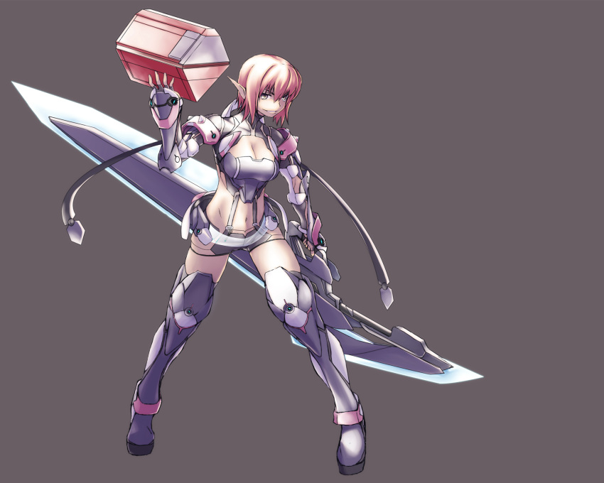 arm_up, boots, box, breasts, cleavage, cleavage_cutout, elf, energy_sword