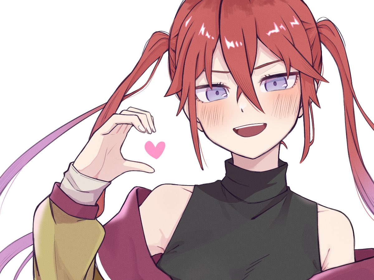 1girl, black_shirt, blush, brown_jacket, crossed_bangs, hair_between_eyes, half-heart_hands, hand_up, heart, hentai_prison, jacket, kurebayashi_noah, long_hair, long_sleeves, looking_at_viewer, off_shoulder, okcizmhyqewgjxl, red_hair, shirt, sidelocks, simple_background, solo, turtleneck, turtleneck_shirt, twintails, upper_body, very_long_hair, violet_eyes, white_background
