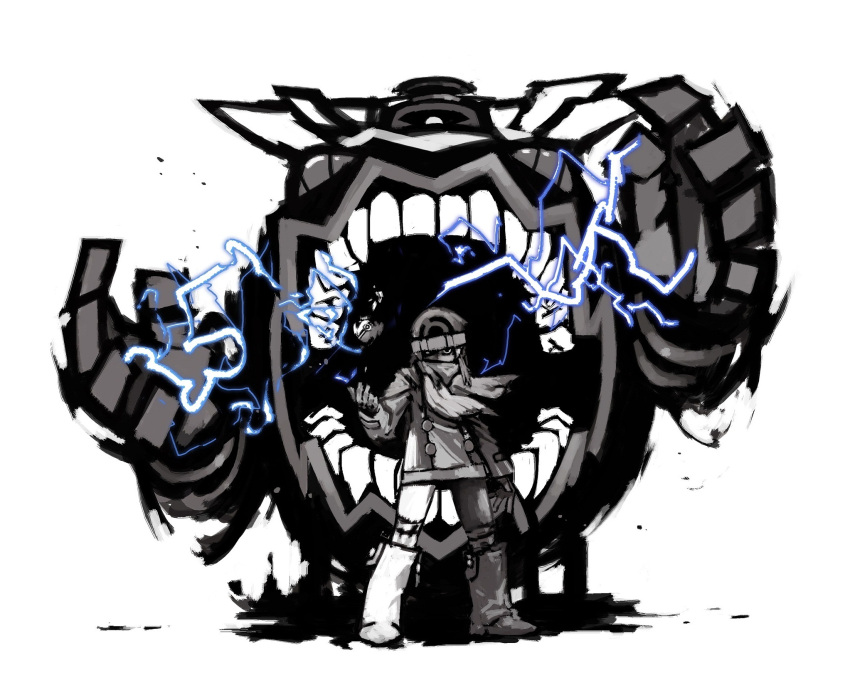 dusknoir, gianoa, hat, hikari_(pokemon), hikari_(pokemon)_(remake), lightning, monochrome, pokemon