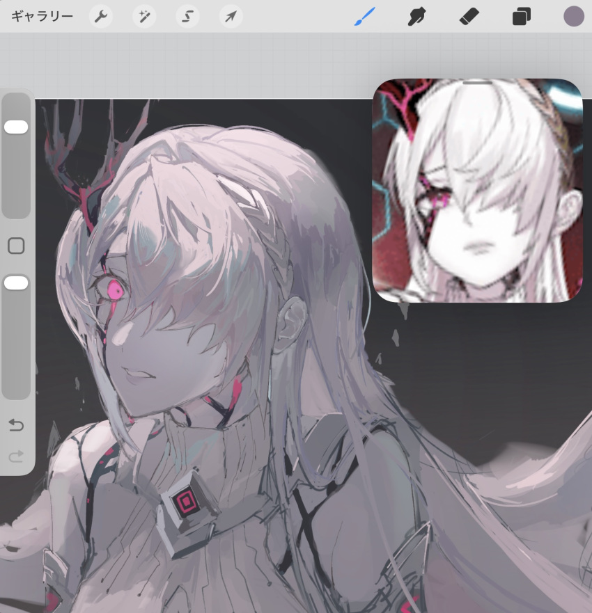 1girl, art_program_in_frame, braid, colored_skin, commentary_request, cracked_skin, demeter_(fate), demeter_erinyes_(fate), fate/grand_order, fate_(series), game_screenshot_inset, glowing, glowing_eyes, hair_over_one_eye, highres, horns, long_hair, looking_at_viewer, overlighting, parted_lips, pink_eyes, reference_inset, screenshot_inset, single_horn, sleeveless, solo, unfinished, upper_body, white_hair, white_skin, yu_4444fg