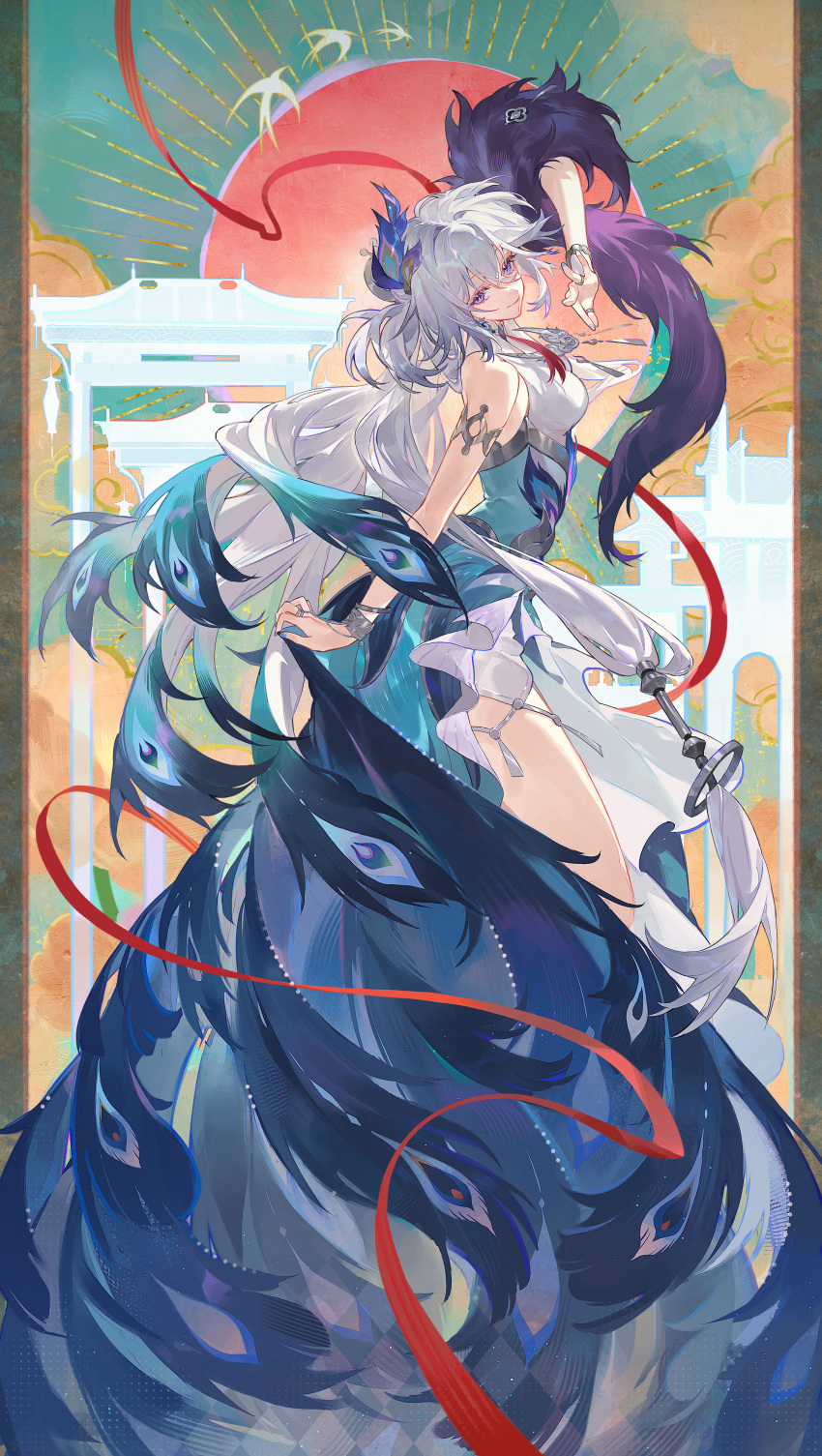 1girl, absurdres, aqua_dress, arm_up, bare_shoulders, blue_eyes, blue_nails, bracelet