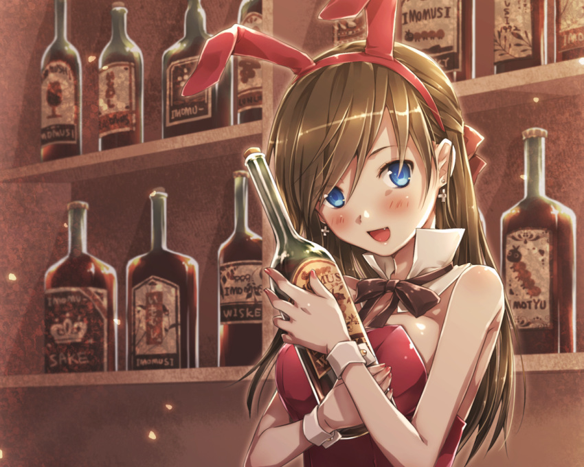 blue_eyes, blush, brown_hair, bunnygirl, fang, imomu
