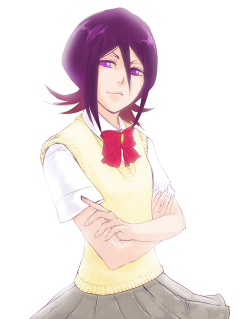 1girl, bleach, bow, bowtie, commentary_request, crossed_arms, hair_between_eyes, karakura_high_school_uniform