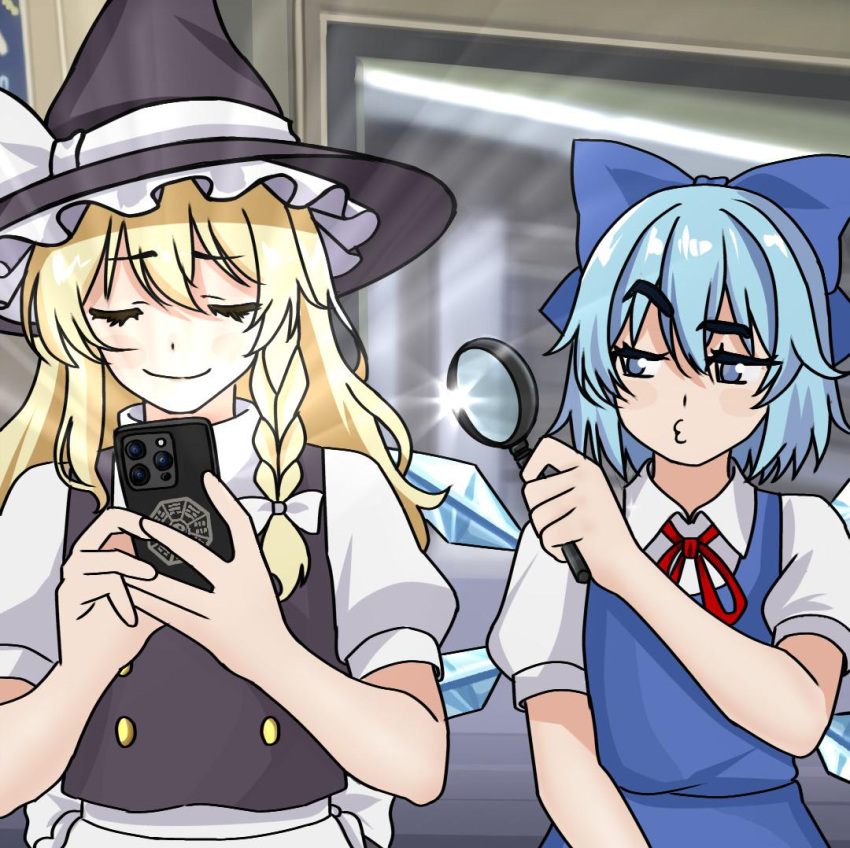 black_hat, black_vest, blue_bow, blue_eyes, blue_hair, blue_vest, bow, buttons, cellphone, cirno, closed_eyes, english_commentary, gem_alert_(meme), hair_bow, hat, holding, holding_magnifying_glass, ice, ice_wings, kirisame_marisa, long_hair, looking_at_another, looking_through_magnifying_glass, magnifying_glass, meme, mini-hakkero, naughty_face, o3o, phone, raised_eyebrow, red_ribbon, ribbon, shirt, short_hair, sitting, skyder_j, smartphone, touhou, train_interior, vest, white_bow, white_ribbon, white_shirt, wings, witch_hat