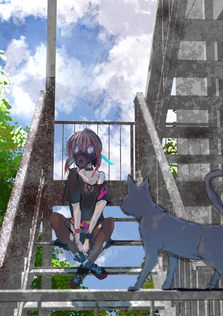 1girl, 1other, absurdres, black_hair, cat, choker, gas_mask, heaven_burns_red