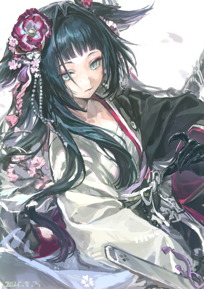 1girl, absurdres, arknights, beads, black_hair, black_kimono, black_sash, blue_eyes