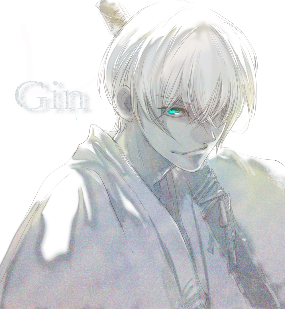 1boy, aqua_eyes, bleach, character_name, commentary_request, hair_over_one_eye, ichimaru_gin, japanese_clothes