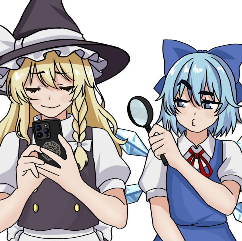 2girls, apron, black_hat, black_vest, blouse, blue_bow, blue_dress, blue_eyes