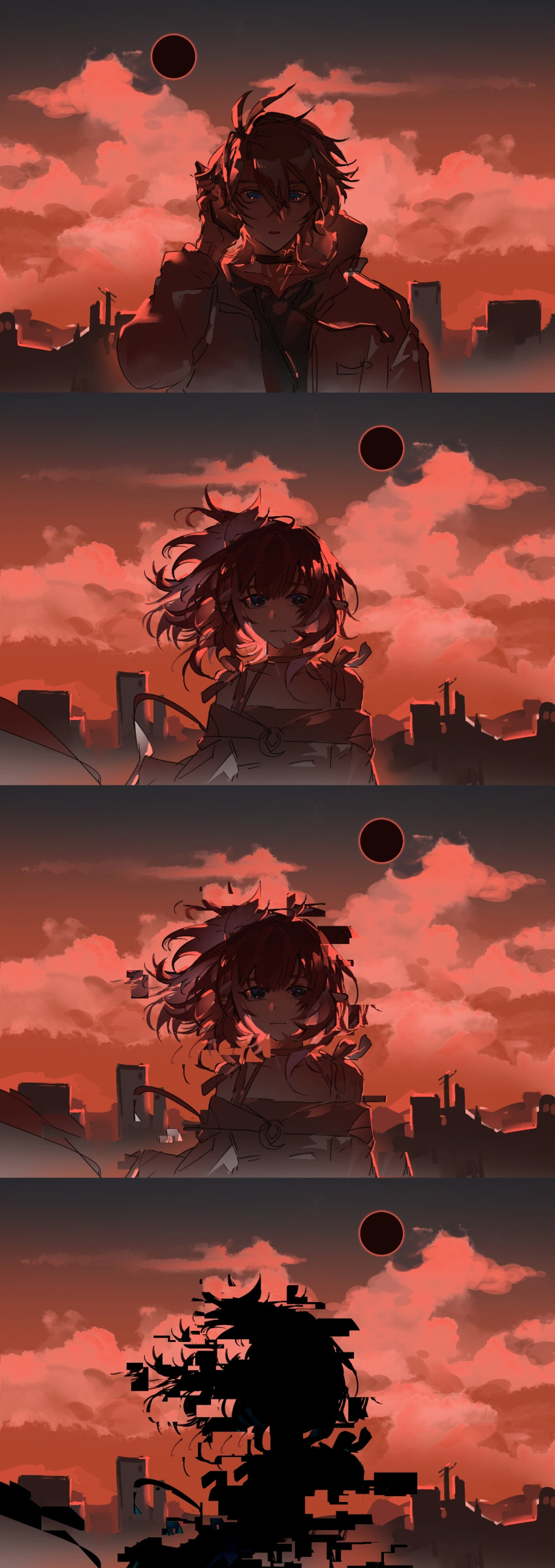 1boy, 1girl, absurdres, alternate_costume, anchealcjiea, antenna_hair, blurry, building