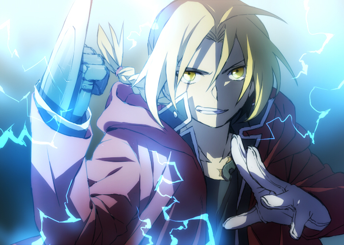 alchemy, automail, blonde_hair, boy, braid, coat, edward_elric, electricity