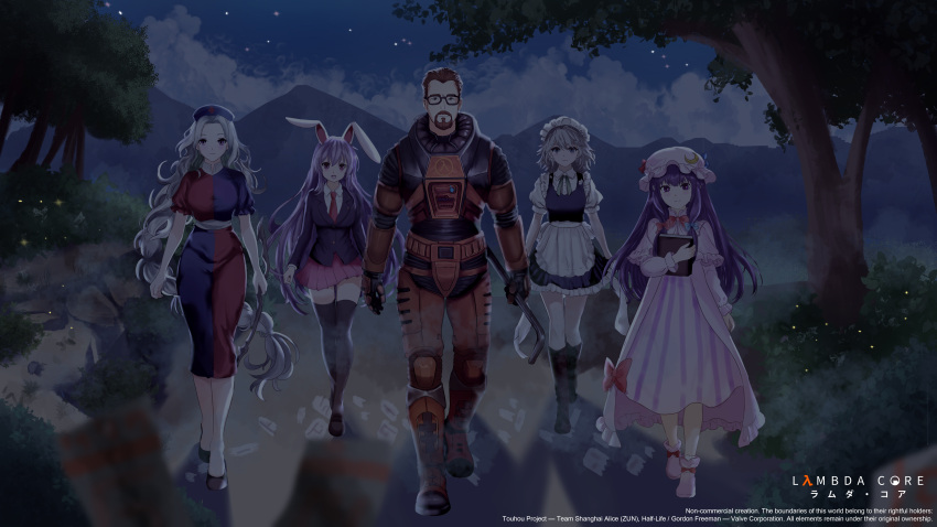 1boy, 4girls, absurdres, animal_ears, apron, armor, beard, black_boots
