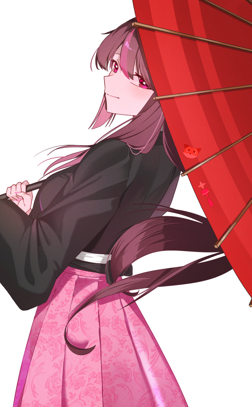 1girl, absurdres, brown_hair, closed_mouth, commentary, floral_print, from_behind, gumbshil