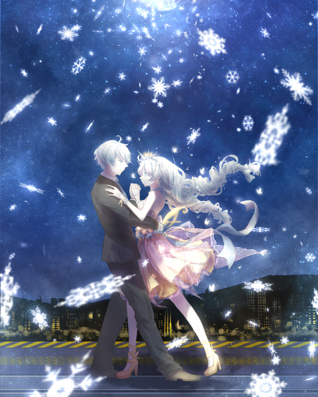 1boy, 1girl, ahoge, black_jacket, black_pants, blue_eyes, braid, closed_mouth, commentary_request, crown, dancing, dress, full_body, high_heels, highres, holding_hands, honkai_(series), honkai_gakuen, jacket, kevin_kaslana, kiana_kaslana, long_hair, night, orange_dress, pants, rin_(pixiv4106191), short_hair, sky, snowflakes, standing, star_(sky), starry_sky, twin_braids, very_long_hair, white_hair