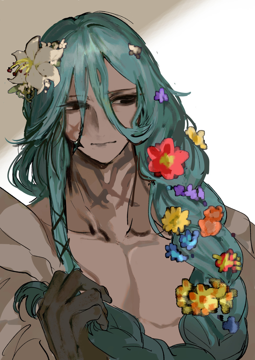 1boy, absurdres, aqua_hair, azrael_(grand_assassin)_(fate), braid, closed_mouth, collarbone, commentary_request