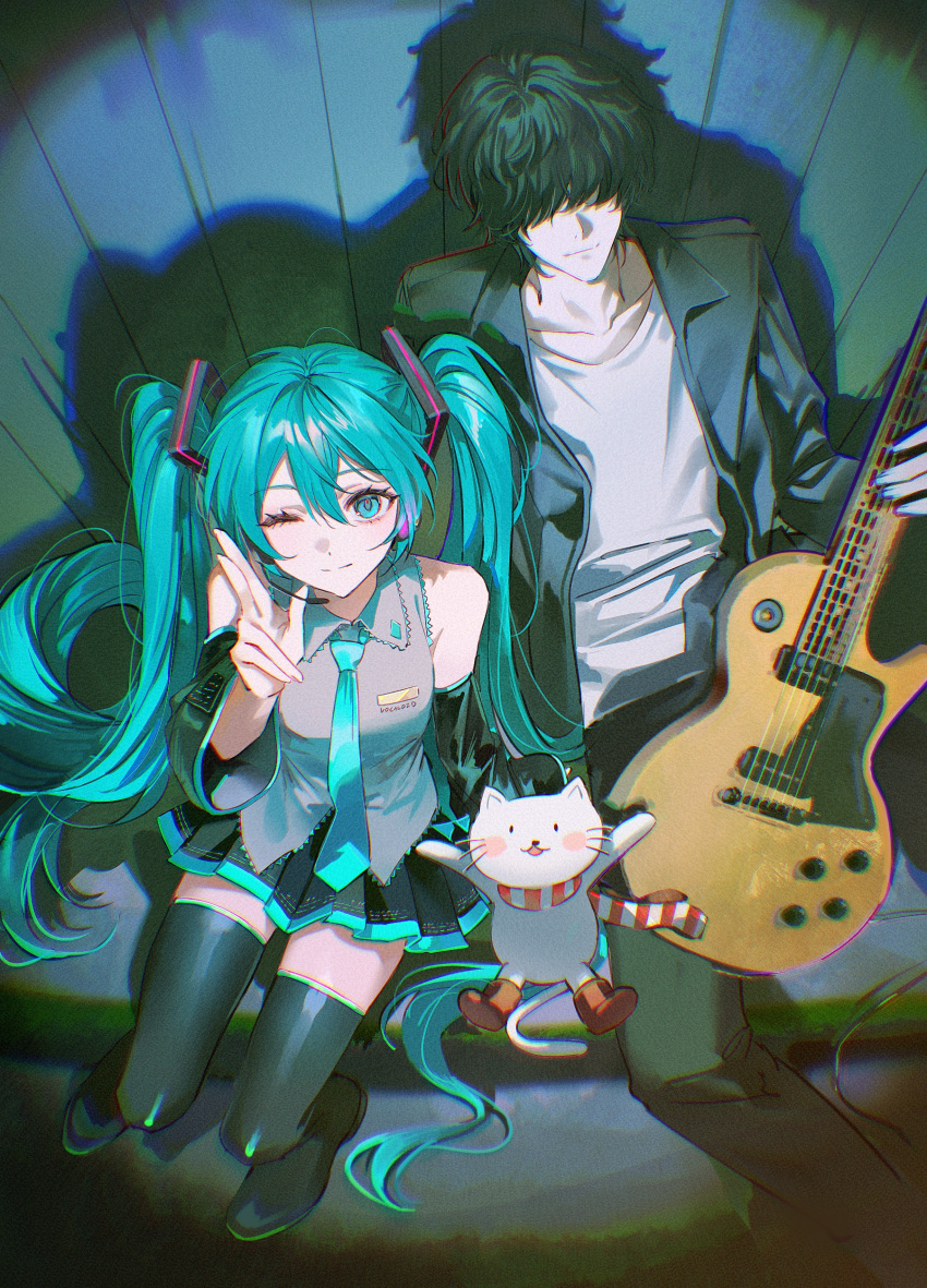 1boy, 1girl, absurdres, aqua_eyes, aqua_hair, aqua_necktie, black_hair, black_jacket, black_skirt, boots, bump_of_chicken, cat, closed_mouth, collarbone, commentary, fujiwara_motoo, grey_shirt, guitar, hair_between_eyes, hair_ornament, hatsune_miku, headset, highres, holding, holding_guitar, holding_instrument, instrument, jacket, long_hair, looking_at_viewer, looking_up, miniskirt, necktie, nicole_(bump_of_chicken), one_eye_closed, pleated_skirt, pong_(pong_o0), shirt, skirt, sleeveless, sleeveless_shirt, smile, thigh_boots, twintails, very_long_hair, vocaloid, white_shirt