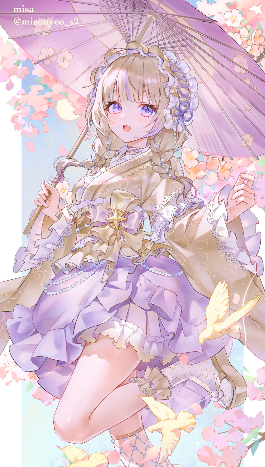 1girl, absurdres, blonde_hair, braid, commentary, fishnets, frilled_sleeves, frills