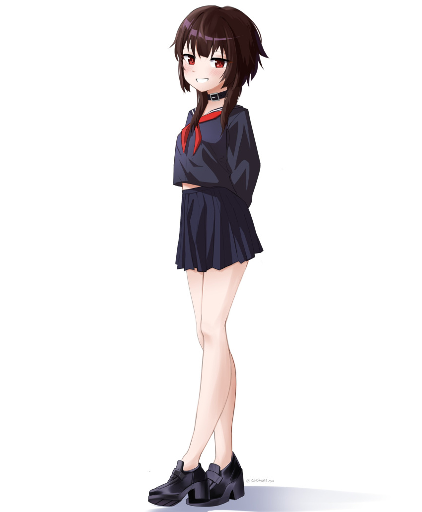 1girl, absurdres, arms_behind_back, black_choker, black_hair, black_shirt, black_shoes, black_skirt