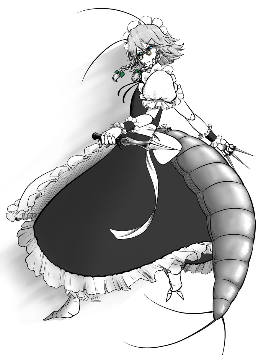 1girl, abdomen_tail, antennae, apron, arthropod_girl, arthropod_limbs, between_fingers, blue_eyes