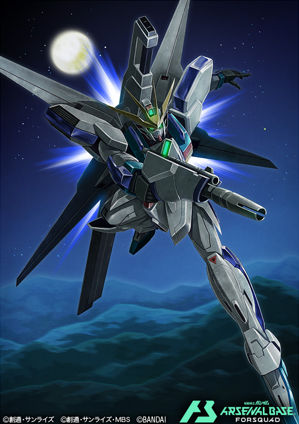 after_war_gundam_x, aqua_eyes, beam_rifle, commentary_request, copyright_logo, copyright_name, copyright_notice, energy_gun