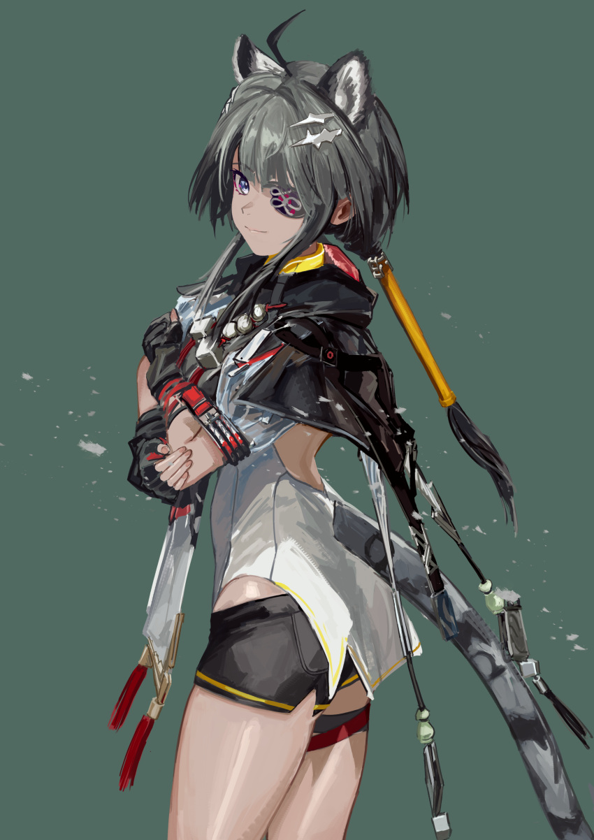 1girl, absurdres, ahoge, animal_ears, arknights, arknights:_endfield, black_shorts, black_shrug
