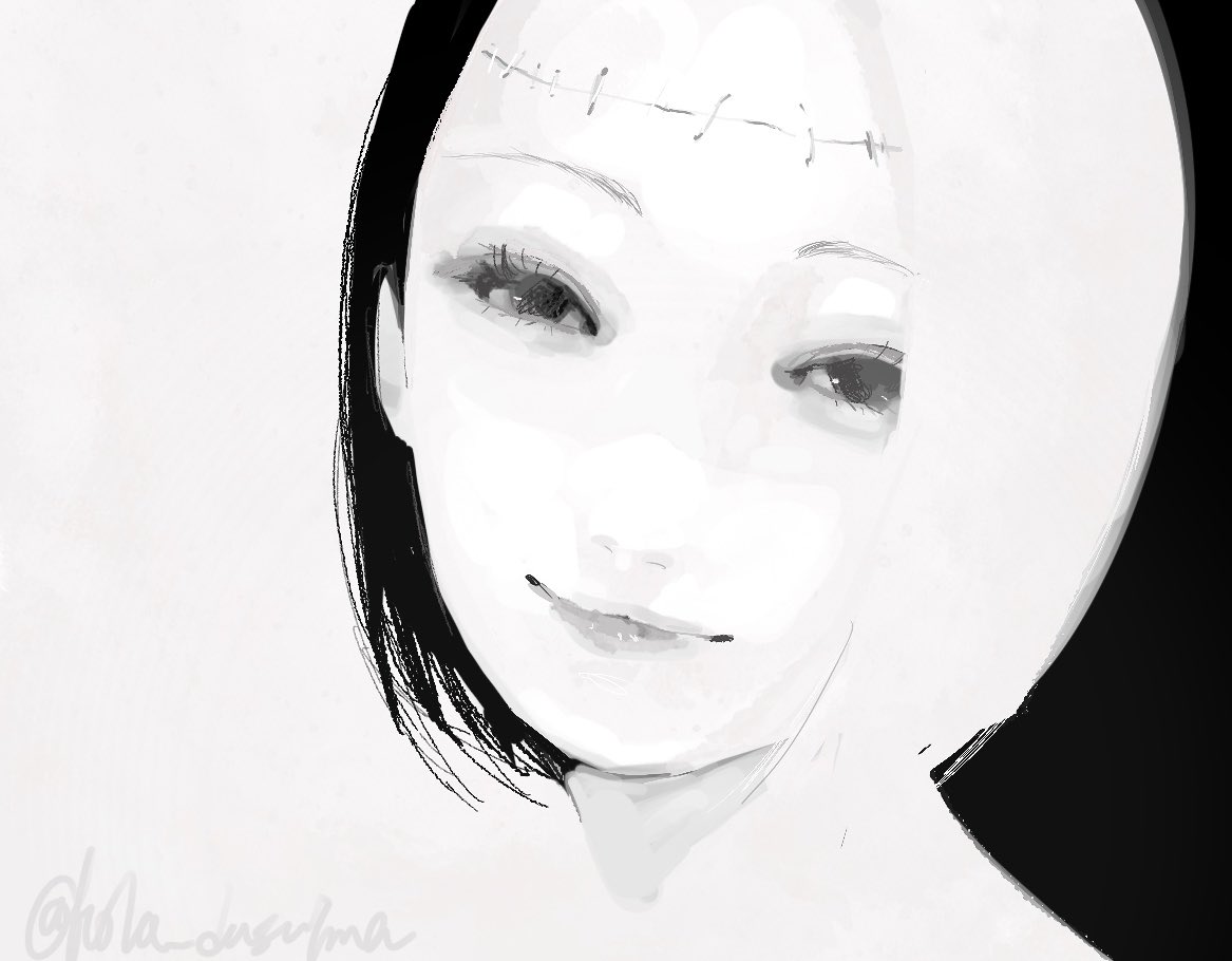 1girl, blending, bob_cut, closed_mouth, greyscale, half-closed_eyes, head_tilt, high_contrast