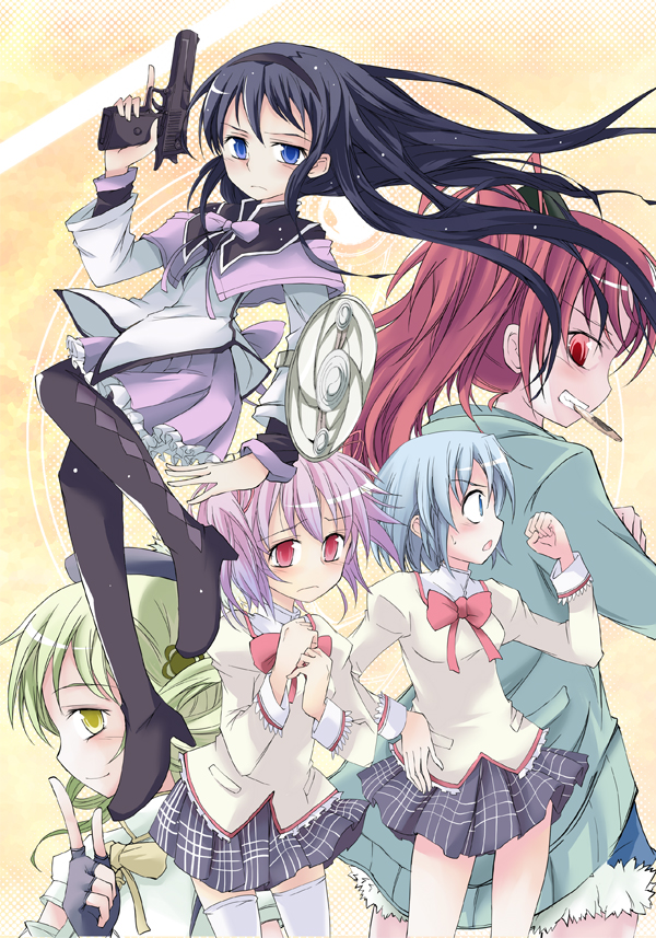 akemi_homura, beret, black_hair, blonde_hair, blue_eyes, blue_hair, blush, bow, cracker, drill_hair, fingerless_gloves, frilled_skirt, frills, gloves, gun, hair_ornament, hairpin, hat, headband, jericho_941, kaname_madoka, long_hair, mahou_shoujo_madoka_magica, miki_sayaka, multiple_girls, no_nose, pantyhose, pink_eyes, pink_hair, pistol, plaid, plaid_skirt, pleated_skirt, red_eyes, red_hair, redhead, ribbon, sakura_kyouko, school_uniform, senbei, senbei_(food), short_hair, skirt, suichuu_hanabi, thighhighs, tomoe_mami, trigger_discipline, twin_drills, weapon, white_legwear, yellow_eyes, zettai_ryouiki