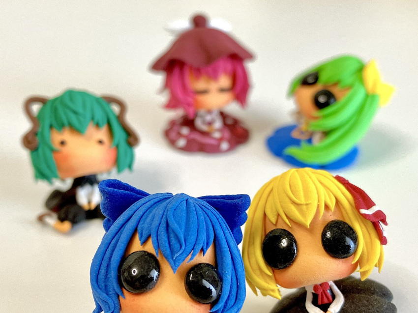 5girls, antennae, ascot, black_eyes, black_pants, blonde_hair, blue_bow, blue_dress
