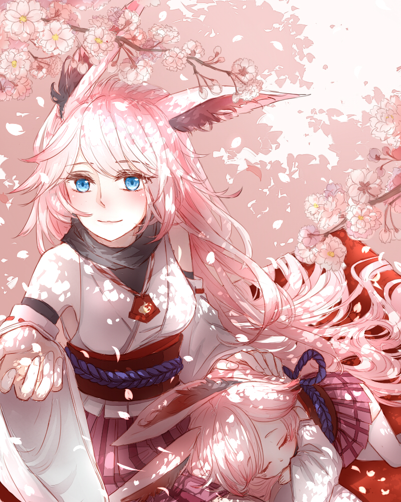 2girls, animal_ears, bare_shoulders, blue_eyes, cherry_blossoms, closed_eyes, closed_mouth, commentary
